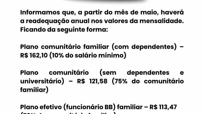 AABB Palmas informa readequação no valor da mensalidade